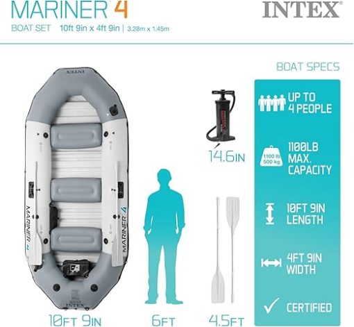 INTEX 68376EP Mariner 4 Inflatable Boat Set: Includes Deluxe 54in Boat Oars and High-Output Pump – Wear-Resistant Keel – Removable Fishing Rod Holders – 4-Person – 1100lb Weight Capacity - Image 2