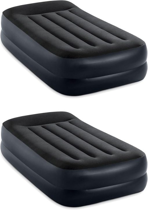 INTEX 64121ED Dura Beam Plus Pillow Rest Raised Velvet Blow Up Airbed Mattress with Built in Electronic Pump and Portable Storage Bag, Twin (2 Pack)