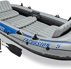 Intex Excursion 5 Person Inflatable Outdoor Fishing Raft Boat Set with 2 Aluminum Oars and Air Pump with a Composite Motor Mount Kit 2