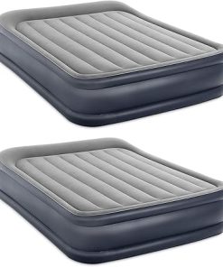 Intex Dura Beam Deluxe Fiber-Tech Pillow Rest Raised Velvet Blow Up Air Mattress Bed with Built in Electronic Pump and Carrying Bag, Queen (2 Pack)