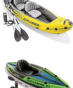 Intex Explorer K2 2-Person Inflatable Kayak with 2 Aluminum Oars and Pump and Challenger K1 1-Person Inflatable Kayak with 1 Oar, Hand Pump and Skeg