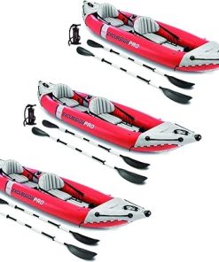 Excursion Pro Inflatable 2 Person Vinyl Kayak with Oars & Pump, Red (3 Pack)