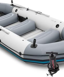 INTEX 68376EP Mariner 4 Inflatable Boat Set: Includes Deluxe 54in Boat Oars and High-Output Pump – Wear-Resistant Keel – Removable Fishing Rod Holders – 4-Person – 1100lb Weight Capacity