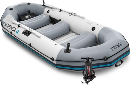 INTEX 68376EP Mariner 4 Inflatable Boat Set: Includes Deluxe 54in Boat Oars and High-Output Pump – Wear-Resistant Keel – Removable Fishing Rod Holders – 4-Person – 1100lb Weight Capacity