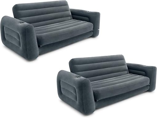 Intex 2 in 1 Inflatable Pull Out Sofa and Queen Size Air Bed Mattress with Cup Holders for Indoor and Outdoor Use for Adults (2 Pack), Charcoal Gray