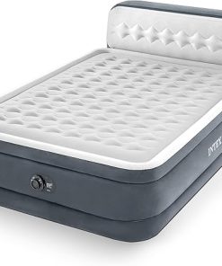 Intex 64447ED Dura-Beam Deluxe Ultra Plush Air Mattress with Headboard: Fiber-Tech – Queen Size – Built-in Electric Pump – 18in Bed Height – 600lb Weight Capacity