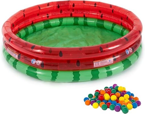 Intex 66-Inch Round Inflatable Outdoor Kids Swimming and Wading Watermelon Pool and Small Plastic Multi-Colored Fun Ballz with Carrying Bag, 100 Pack