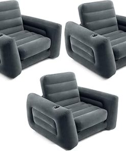 Intex 2 in 1 Inflatable Pull Out Sofa Chair and Twin Air Bed Mattress with Cup Holders for Indoor and Outdoor Use for Adults (3 Pack), Charcoal