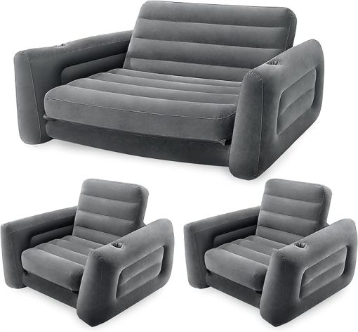 Intex Inflatable Furniture Set with Queen Sized Pull-Out Sofa Bed and 2 Sofa Sleepers, Gray - Air Mattress, Portable Couch, Lounge Chairs, Guest Beds