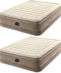 Intex Dura Beam Deluxe Ultra Plush 18 Inch Queen Bed Inflatable Air Mattress with Fiber Tech Construction and Built in Pump, Beige (2 Pack)