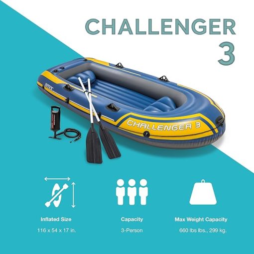 Intex 68370EP Challenger 3 Inflatable Boat Set: Includes Deluxe 48in Boat Oars and High-Output Pump – Triple Air Chambers – Welded Oar Locks – 3-Person – 660lb Weight Capacity - Image 2