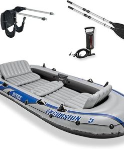Intex Excursion 5 Person Inflatable Outdoor Fishing Raft Boat Set with 2 Aluminum Oars and Air Pump with a Composite Motor Mount Kit