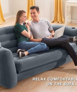 Intex Inflatable Furniture Set with Queen Sized Pull-Out Sofa Bed and 2 Sofa Sleepers, Gray – Air Mattress, Portable Couch, Lounge Chairs, Guest Beds 2