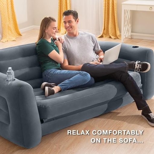Intex Inflatable Furniture Set with Queen Sized Pull-Out Sofa Bed and 2 Sofa Sleepers, Gray - Air Mattress, Portable Couch, Lounge Chairs, Guest Beds - Image 2